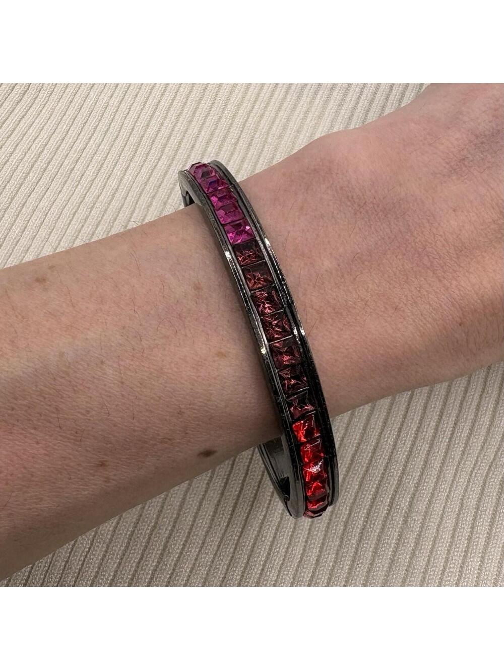Gunmetal Pink Red Rhinestone Hinged Bangle Bracelet Ombre